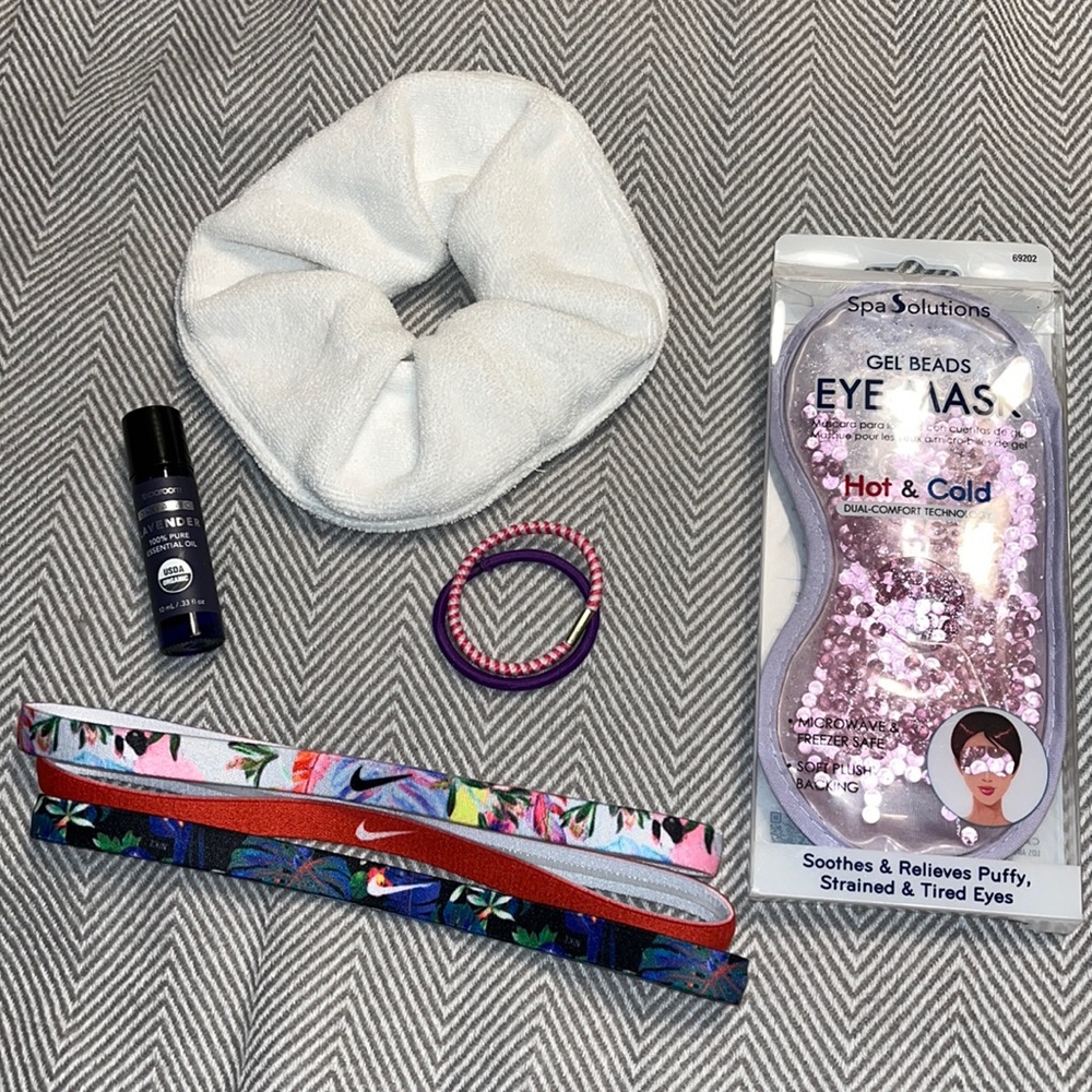 NEW Spa Kit. 3 Nike colorful headbands, eye mask, lavender essential oil…